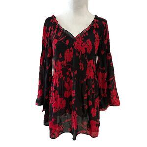 Spense Women's Fairy Tunic Top Blouse Red  & Black Crinkle Sheer Size L Boho
